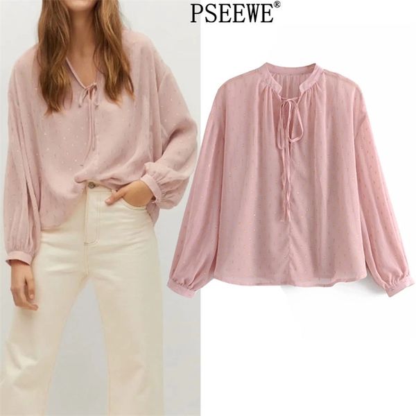 

spring pink appliques chiffon blouse women v neck long sleeve female elegant 2 piece set chic woman 210519, White