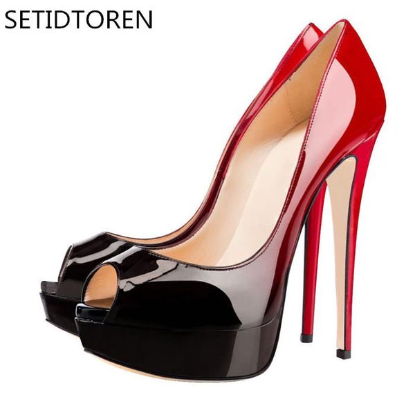 

super high heels platform pumps women gradient color patent leather stiletto shoes peep toe thin party wedding dress, Black