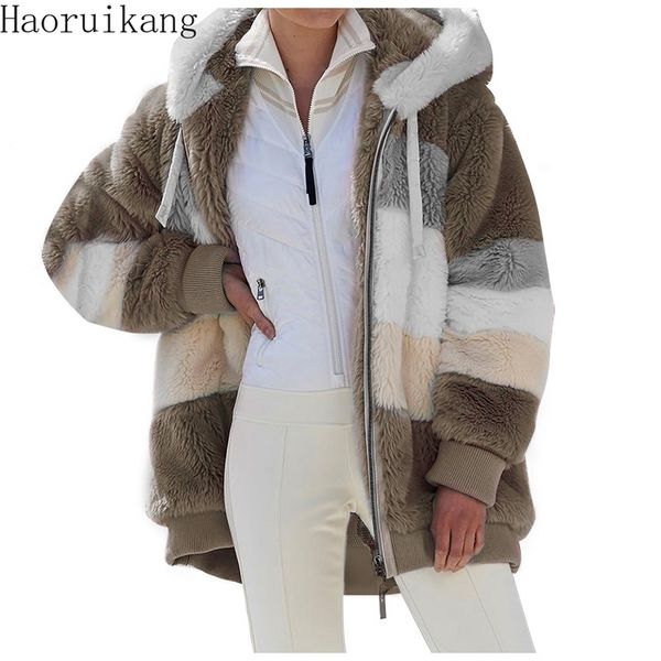 Inverno caldo Teddy Coat Capispalla Ladies Hooded Plush Jacket Women Thick Fluffy Hairy Fake Fur Clothes Plus Size Zipper Overcoat 211018