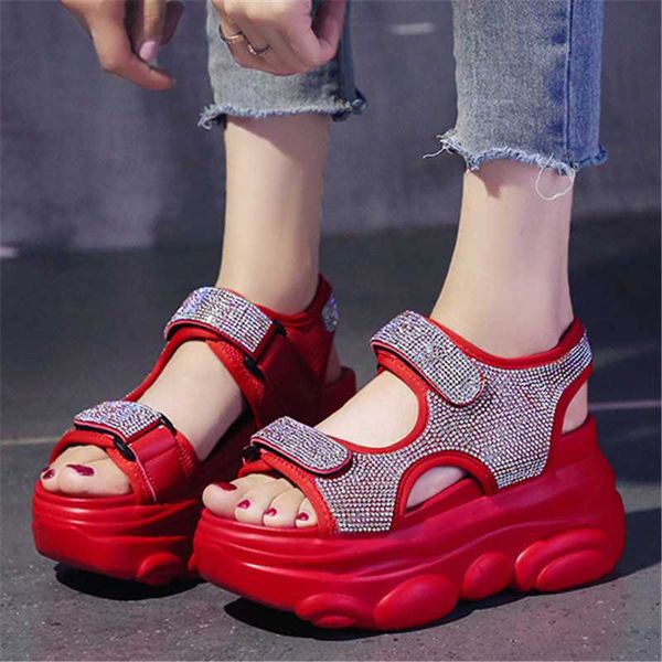 

women's platform crystal gladiator sandals 2021 summer chunky open toe beach female shoes comfortable wedges dad sports dress, Black