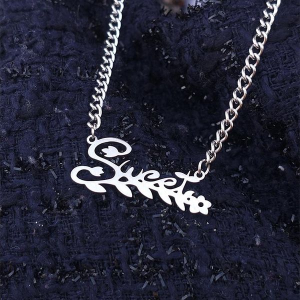 

letter sweet and leaf branch necklace women men friends gift curb chain choker kpop jewelry stainless steel collier femme chains, Silver