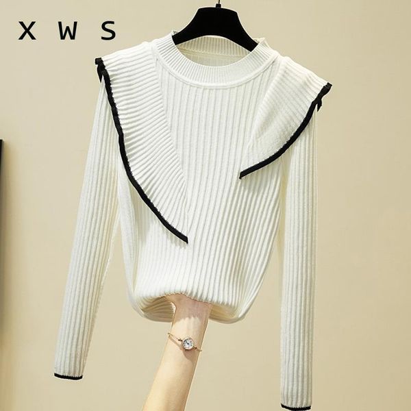 

women's sweaters 2021 korean fashion and jumpers oneck ruffles sleeve patchwork pull casual streetwear knit out, White;black
