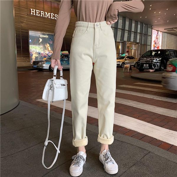 

women's jeans 2021 korean version of white and black with fleece thickened slim straight woman, Blue