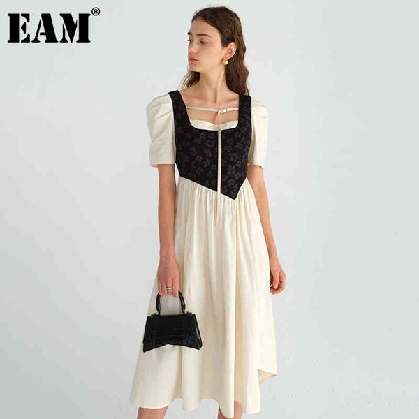 

[eam] women beige print ruffles spliced dress square neck puff sleeve loose fit fashion spring summer 1dd6872 21512, Black;gray