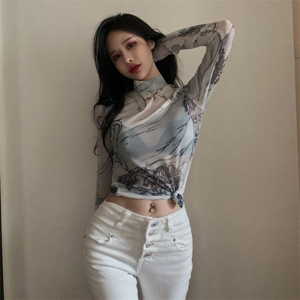 

turtleneck mesh blouse women long sleeve see through ladies sheer renaissance print designer clothing s026 women's jackets, Black;brown