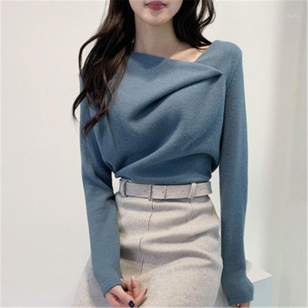 

women's sweaters 2021 skew collar irregular knitted sweater women autumn winter elegant femme pullovers solid color simple all-match z, White;black