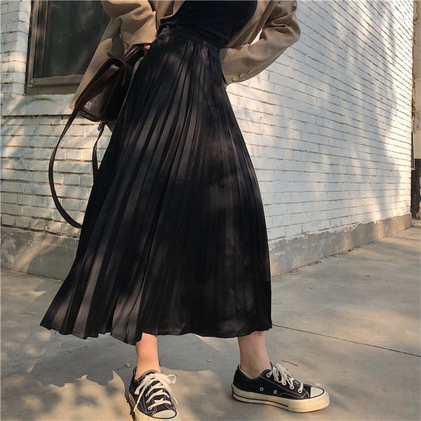 

skirts brief sweet girls solid female high waist gentle chic fashion all match mid-length skirts, Black