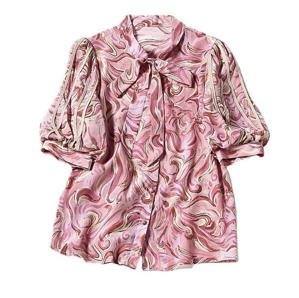 

women's blouses & shirts european and american women's wear for spring five-quarter sleeve bow collar fashion purple printed silk, White