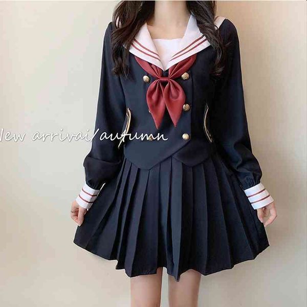 Lucyever Cosplay Kızlar 2 Parça Set Sonbahar JK Öğrenci Üniforma Sailor Suit Seksi Yay Parti Kadın Japonya Anime Kostüm Pileli Etekler 210330