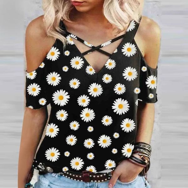 

women's t-shirt daisy printed t shirt womens cross v-neck collar strapless short sleeve fold casual harajuku plus size summer, White