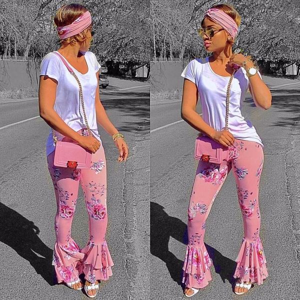 

fashion summer pink flare womens capris floral ruffled draped printing arrival wide leg skinny trousers palazzo, Black;white