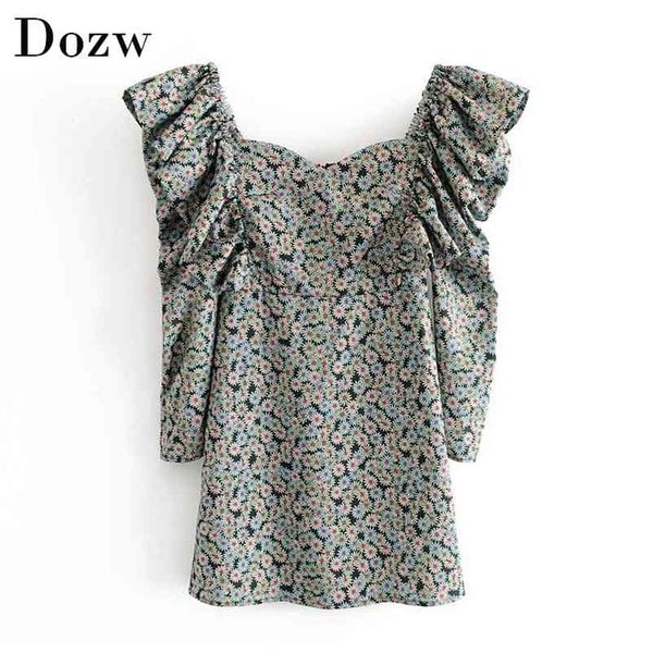 

women elegant ruffle mini dress spring floral print vintage party ladies fashion puff long sleeve bodycon es 210515, Black;gray