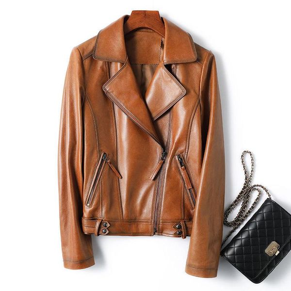 

women's jackets sheepskin haining leather coat 2021 korean spring and autumn motorcycle jacket, Black;brown