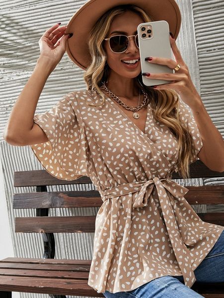 

dot print belted peplum u85i#, White