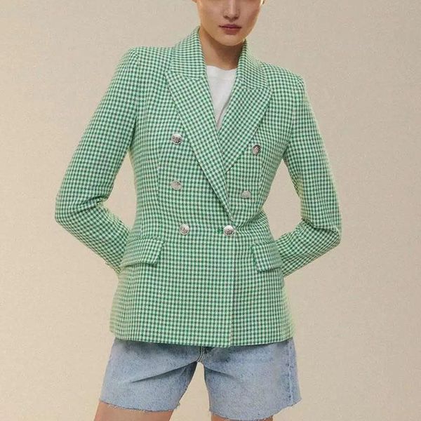 

women's suits & blazers women vintage green white plaid print casual blazer office lady retro long sleeve outwear chic leisure coat, White;black