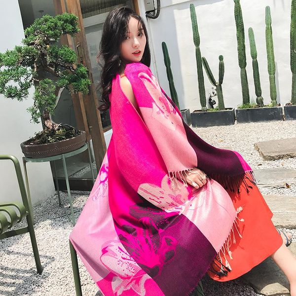 

shawl ladies ethnic style double-sided jacquard bufanda fringed fall winter scarf spring autumn feminine elegant warm cloak scarves, Blue;gray