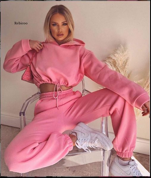 

spring tracksuit solid hoodies women capri sweatshirt sets 2 pieces set cropped pullover trouser suits, Black;white