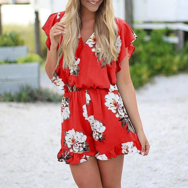 

casual beach playsuit summer women rompers polyester ruffles v neck red gray printing party womens playsuits, Black;white