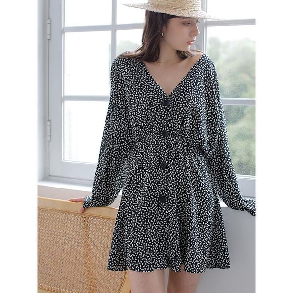 

casual dresses printed v neck chiffon dress women long sleeve french button front high waist mini, Black;gray