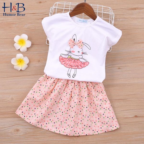 

clothing sets humor bear 2021 girls clothes summer short sleeve cartoon printed skirt 2pcs casual, White
