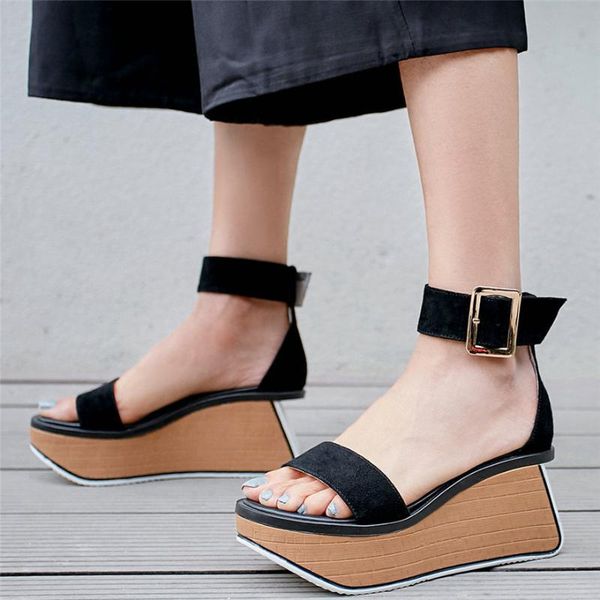 

women ankle cross strap genuine leather platform wedges high heel gladiator sandals female open toe party pumps shoes chic, Black