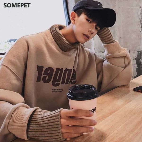 

men's jackets 2021 harajuku port wind turtleneck dress male students joining together version of loose hair thickening winter, Black;brown