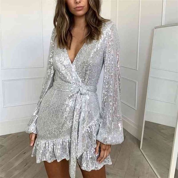 

elegant autumn solid sequined office dress a-line ladies belt work high street vintage v-neck women dress 210422, Black;gray