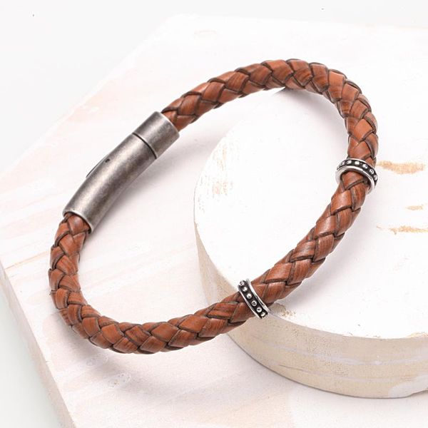 

charm bracelets mcllroy retro brown black braided weaving leather bangles for men male stainless steel magnet buckle bracelet homme, Golden;silver
