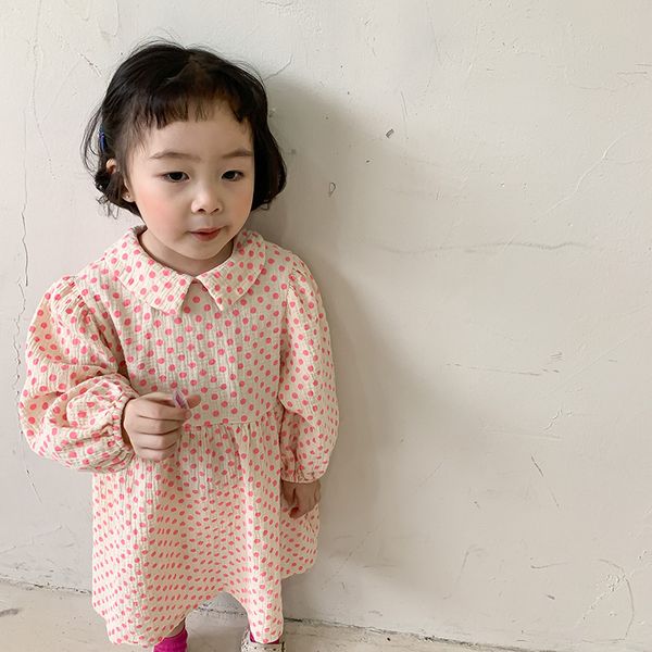 

spring cotton cute dot long sleeve dress girls casual loose turn-down collar dresses 1-6y 210508, Red;yellow