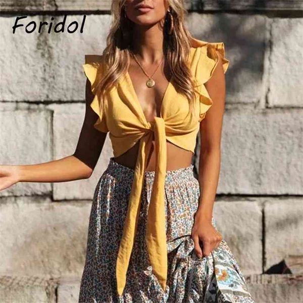 Foridol Rüschen ärmellose gelbe Tanktops Frauen Krawatte vorne Schleife Crop Tops Casual Boho Lace Up süße Urlaub Strand Tops 210415