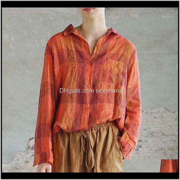 

womens blouses shirts johnature leisure retro plaid turndown collar long sleeve cotton linen shirt autumn simple single breasted women znbxk, White