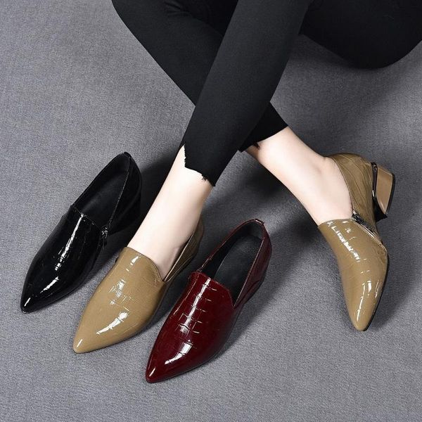 

dress shoes fhanchu black women mid heels,soft patent pu leather for autum,pointed toe,side zip,block heel,khaki,wine-red,drop