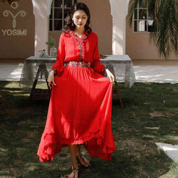 YOSIMI Sommer Maxi Stickerei Lange Frauen Kleid Rot Chiffon Kurze Vorder- und Rückseite Ärmel Spitze Party Kleider Damen 210604