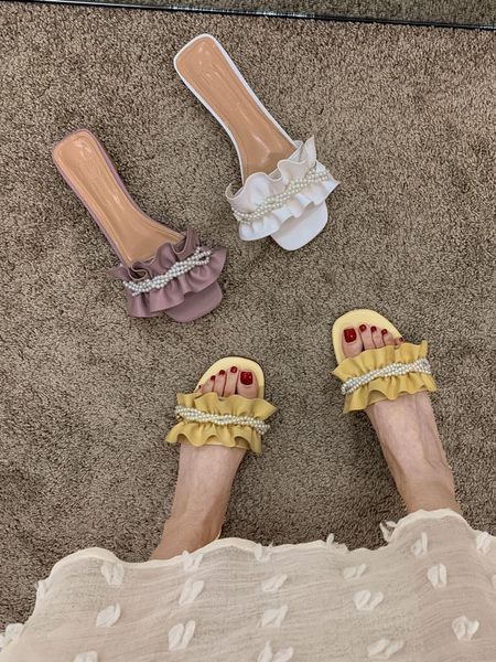 

slippers women's shoes summer 2021 fashion sweet pearl ruffled thick heel low heels women, Black