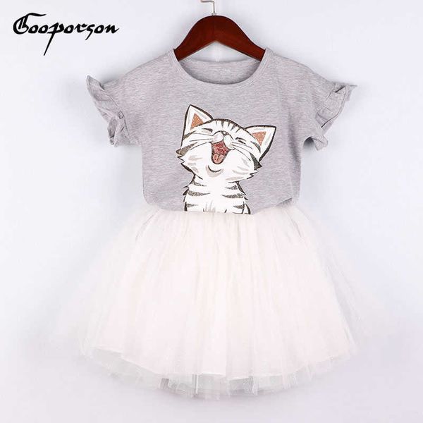 Fashiong crianças meninas roupas conjunto bonito gato impresso cinzento t camisa e branco tutu saia princesa roupa terno para bebê verão 210715