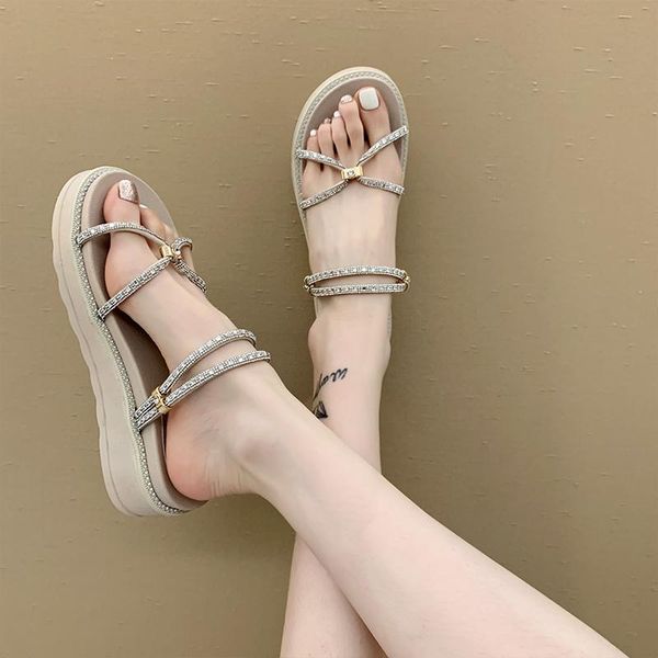 

woman slippers 2021 summer crystal thick-soled sandals female fashion roman shoe outdoor flat platform lady shoes flip flop, Black
