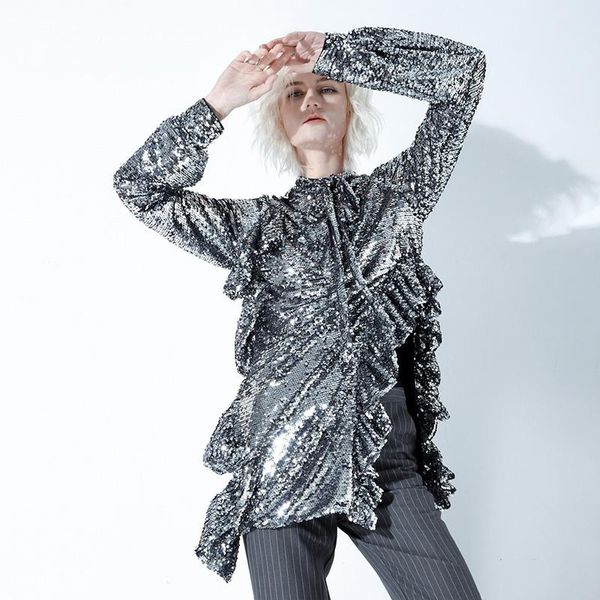 

women's blouses & shirts 2021 spring patchwork heavy sequins blouse women stand collar long sleeve ruffle female style, White