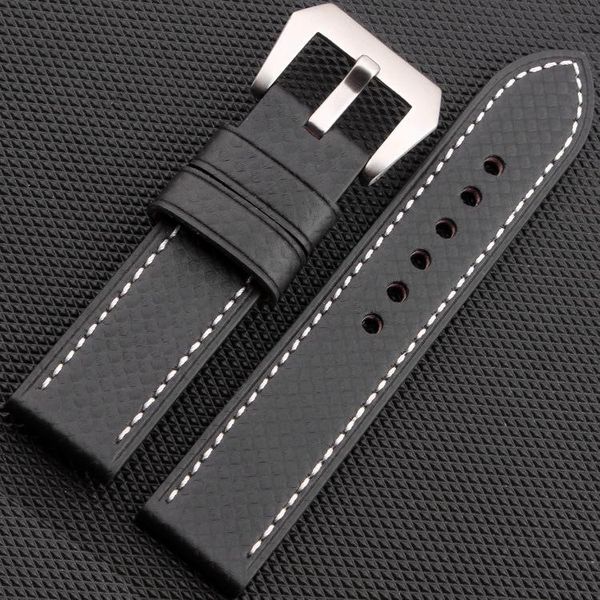

watch bands genuine leather 20/22/24/26mm carbon material strap band + stainless steel clasp buckle for pam watchband, Black;brown