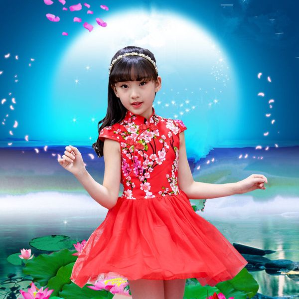 

summer children shasha skirt girl cheongsam dress chinese traditional qipao short sleeve cotton dresses, Black;red