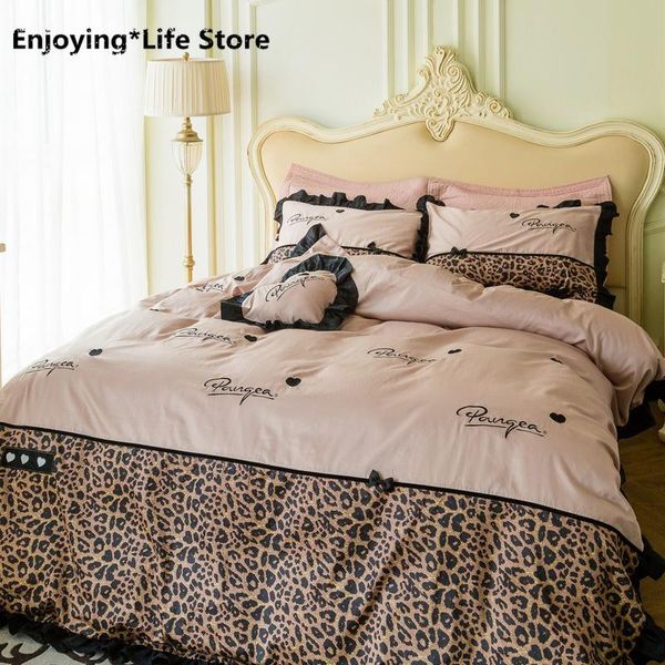 

bedding sets luxury cotton leopard print set embroidery ruffles duvet cover bed sheet pillowcases  king size 4pcs
