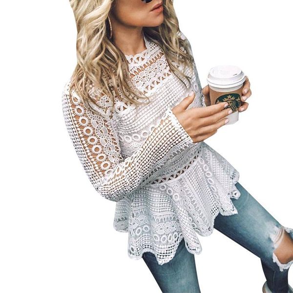 

women's blouses & shirts lace blouse women elegant floral long sleeve white ladies hollow out autumn spring female