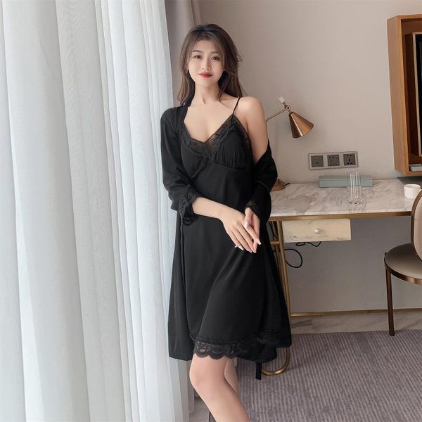 

women's sleepwear black spring autumn 2pcs robe sets strap nightgown lace trim sweet bathrobe casual faux silk home dress, Black;red
