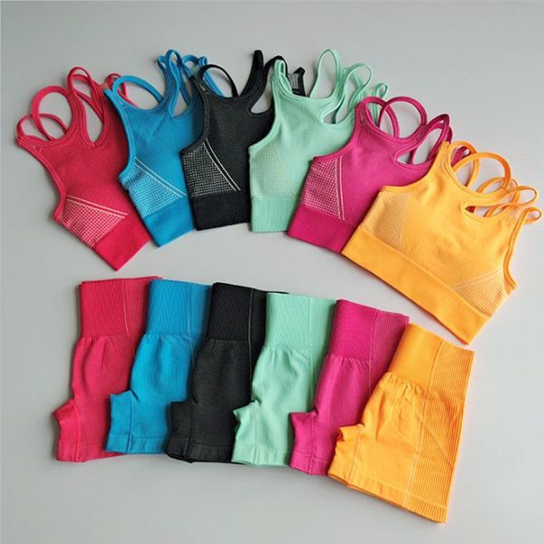 

yoga outfit seamless set 2 pcs sports suit gym wear high waist shorts running ribbed