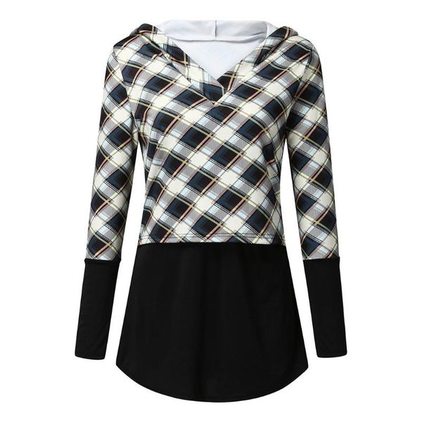 

women's hoodies & sweatshirts europe and america style plaid hooded long sleeve contrast color nursing hoodie blouses, Black