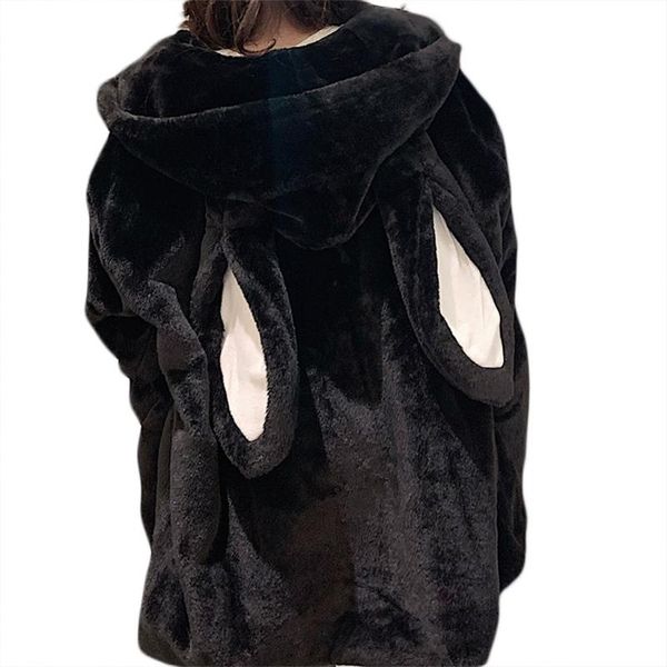 

women's hoodies & sweatshirts e15f women winter faux fur jacket cute ears zip up fuzzy plush sweatshirt coat harajuku oversized loose, Black