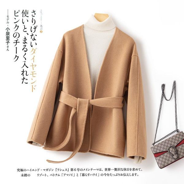 

women's wool & blends autumn and winter 2021 double-sided coat short v-neck lace up small suit, Black