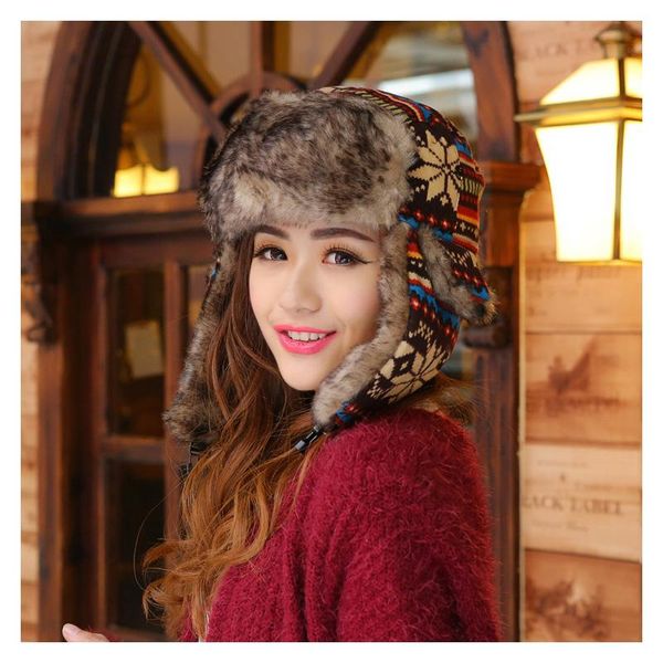 

berets super warm knitted bomber hat for women men outdoor wind prevent russian snowflower trapper deer earflap cap, Blue;gray