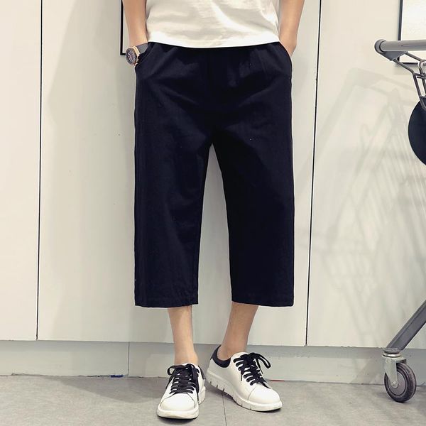 

men's pants m-xl male loose casual cropped straight linen wide leg breeched fluid, Black