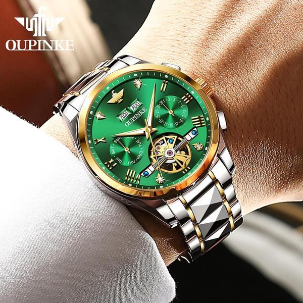 

wristwatches oupinke swiss luxury automatic watch men sapphire stainless steel sport multifunction mechanical wristwatch reloj hombre 3186, Slivery;brown