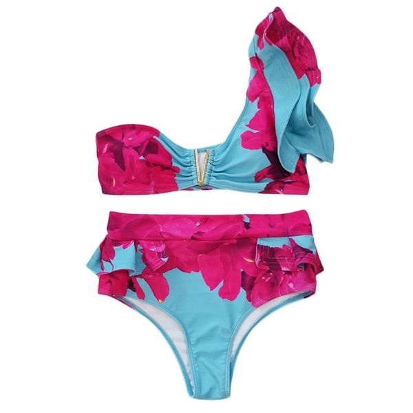 

women 2pcs floral fruits bikini set cutout one shoulder ruffled swimsuit one-piece suits